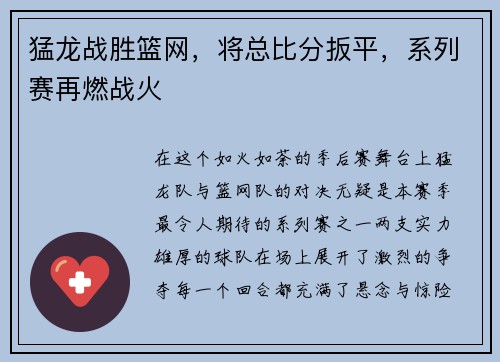 猛龙战胜篮网，将总比分扳平，系列赛再燃战火